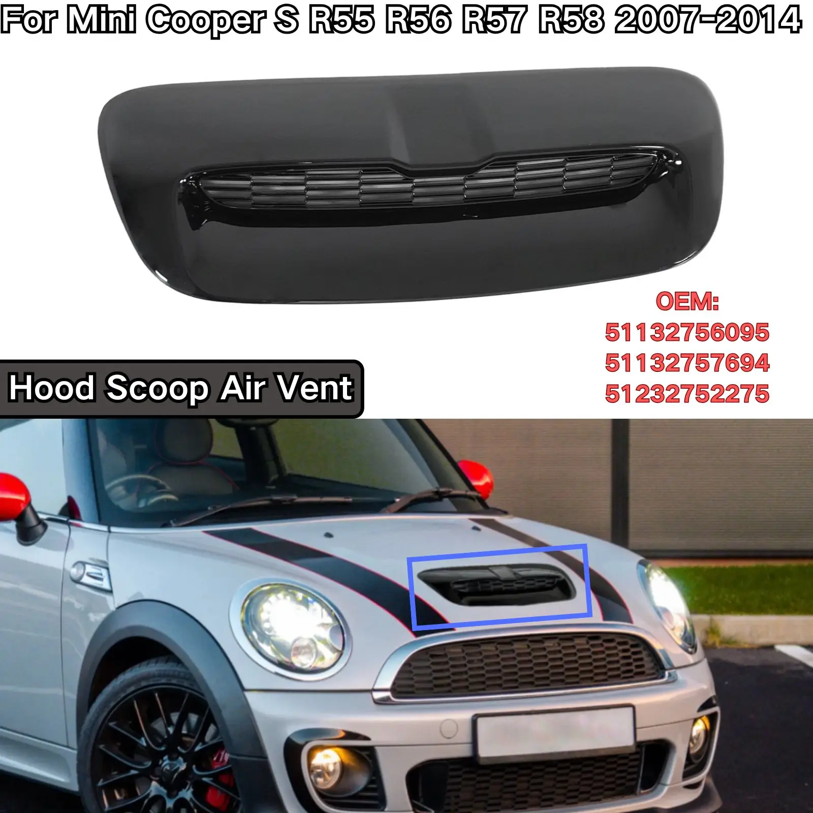 Для Mini Cooper S R55 R56 R57 R58 2007-2014: Вентиляционное отверстие на капоте, глянцевый черный карбоновый (покрашенный) воздухозаборник, замена, ABS, 51132756095