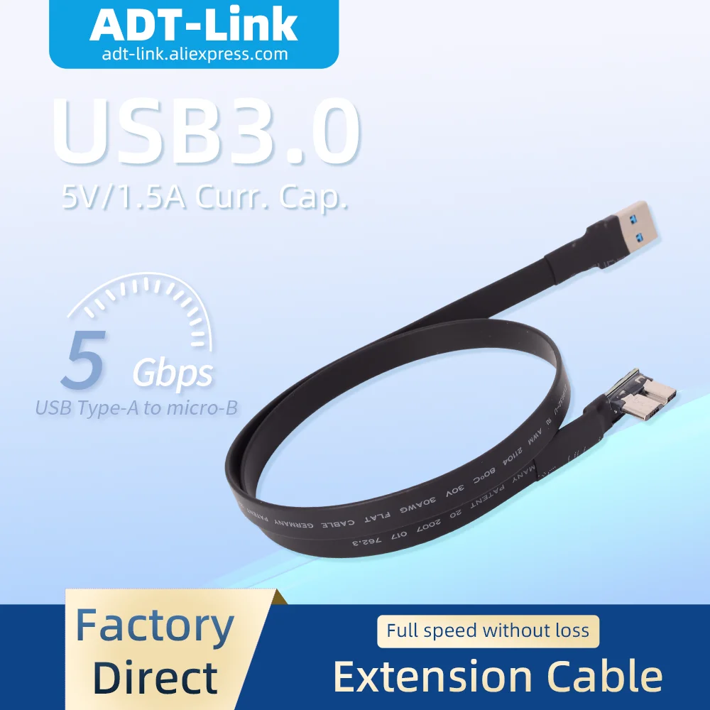 ADT-Link USB 3.0 Micro B إلى USB 3.0 نوع A ذكر إلى ذكر قابل للطي 90 زاوية تمديد كابل مسطح Micro-B موصل مدمج FPC FPV