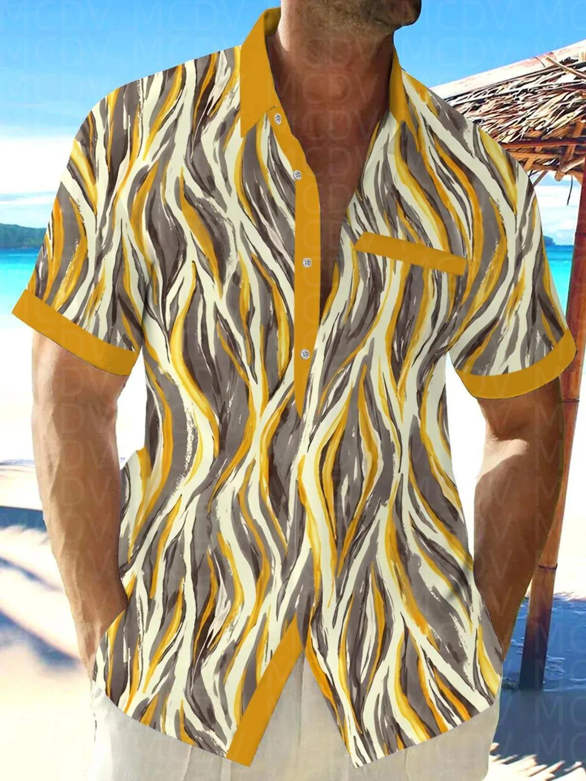 Sailing boat Pattern Men's Hawaiian Shirt Stretch Easy Care Camp Shirt Big Tall