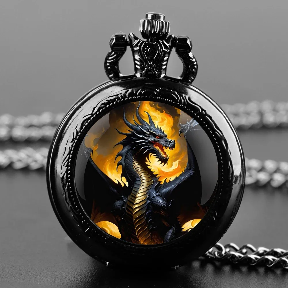 

Fiery Dragon Glass Dome Quartz Pocket Watch With Durable Chain Arabic Numeral Dial Creative Gifts for Men Women