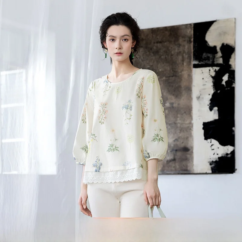 

Ele Pure Cotton Floral Print Hollow out Lace irt Women's New Summer 2025 Breathable Comfortable Straight Cut irt