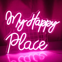 My Happy Place Neon Sign Words Neon Lights Wedding USB Powered Neon Signs for Wall Decor Birthday Party Girls Bedroom Decor