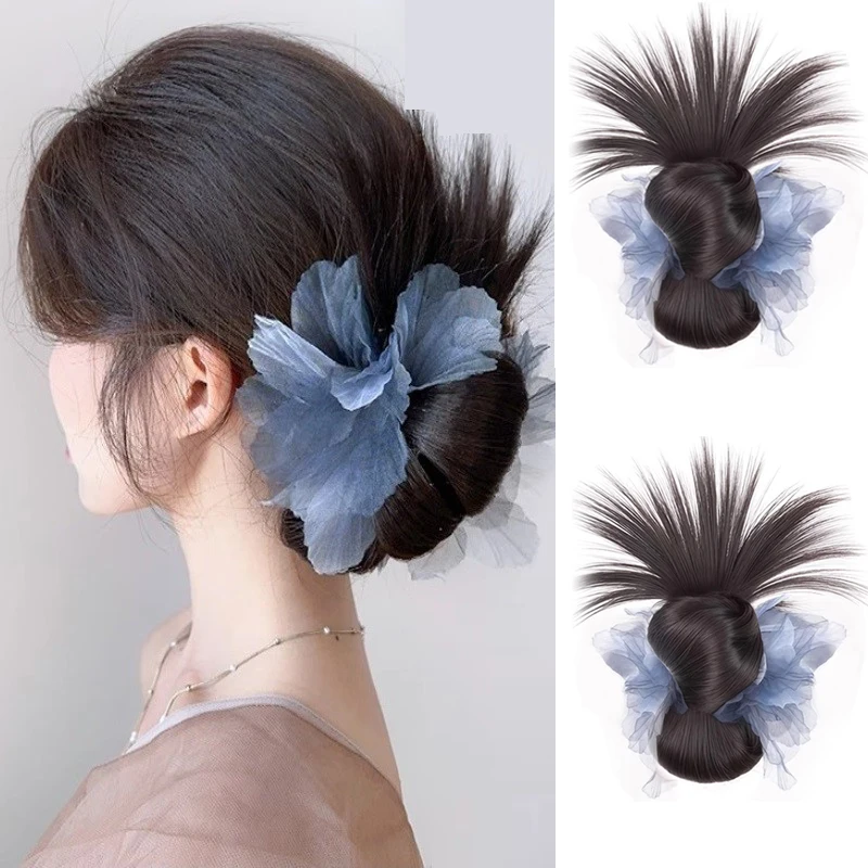 

Low Bun Hairpiece Women's Lazy Style Hair Claw Fake Flower Chicken Feather Ball Head Low Tied Updo Fluffy Ponytail