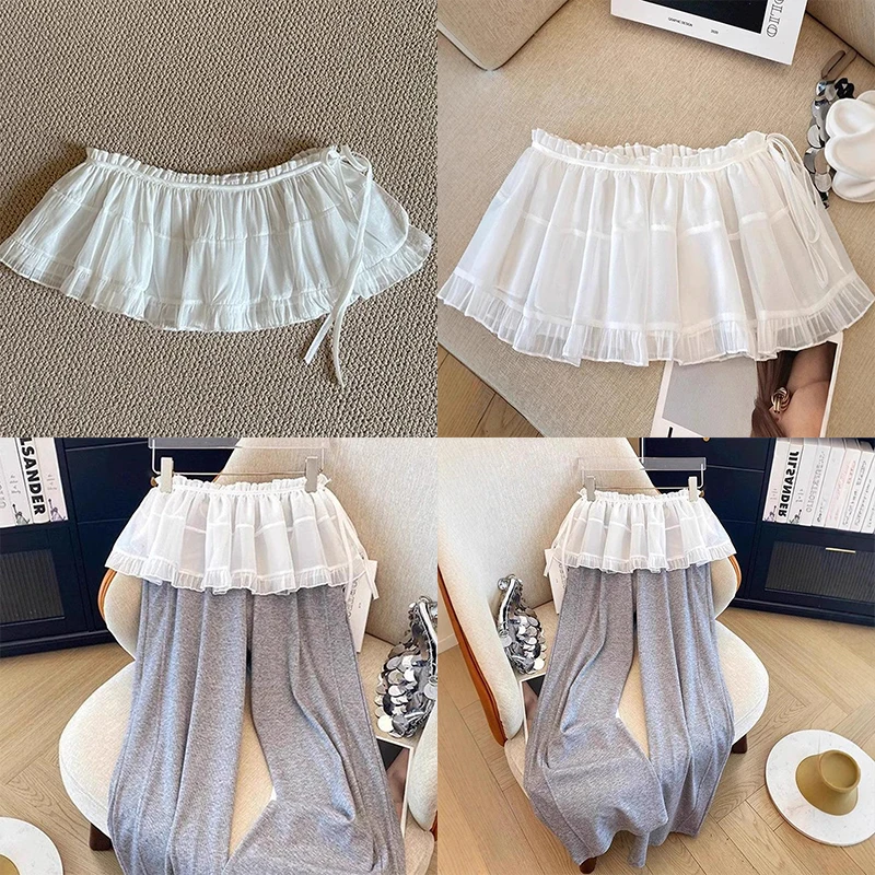 Корейская летняя милая дизайнерская многослойная юбка трапециевидной формы со шнуровкой, закрывающая бедра, аксессуары