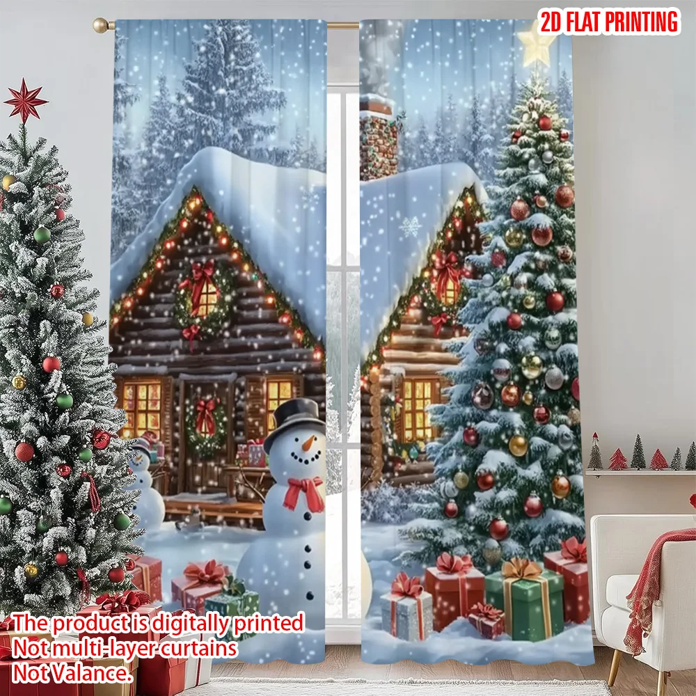 

2pcs 2D flat printing Merry Christmas Popular Window Curtains Christmas igloo Durable 100% Polyester Fabric Without Electricity