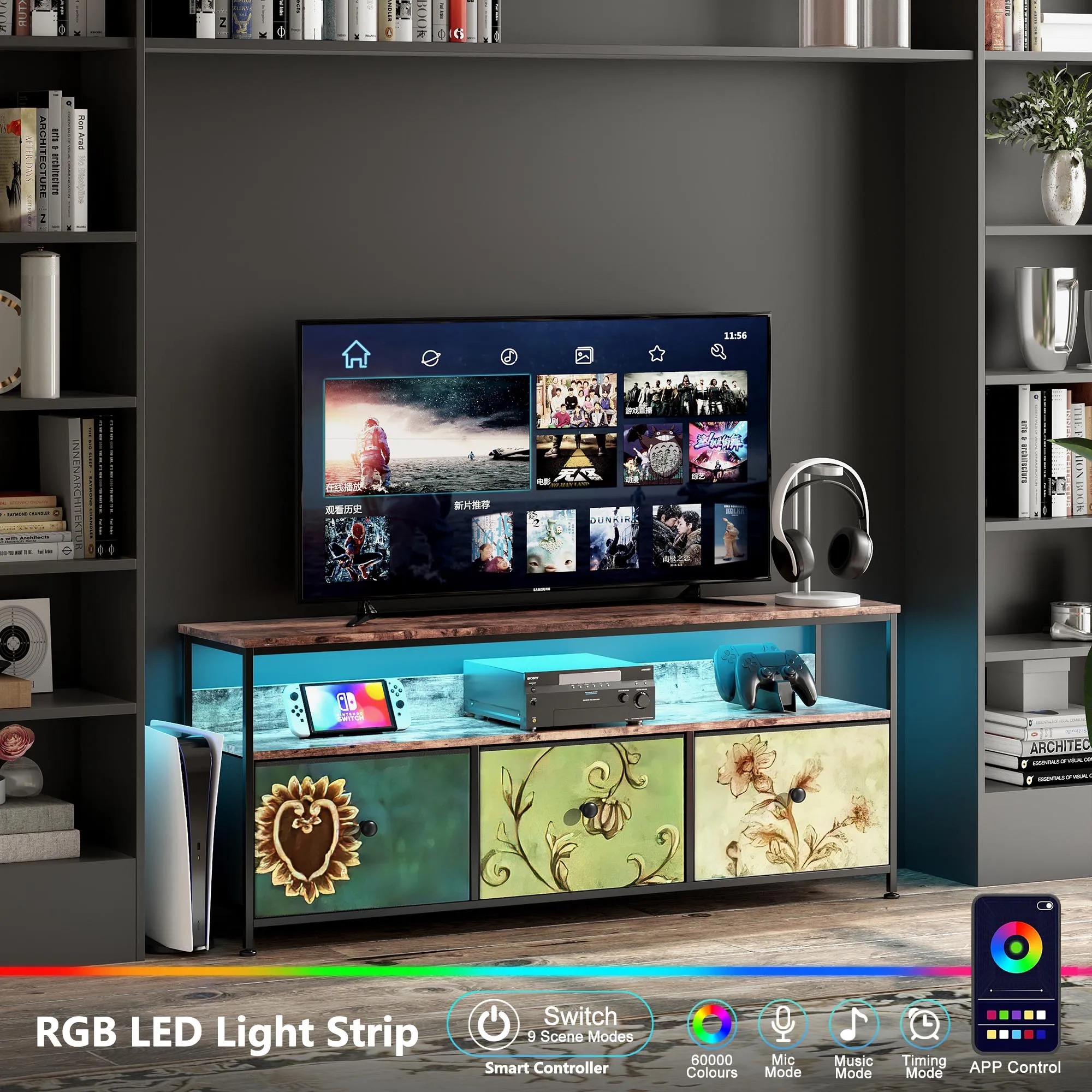 LED TV 스탠드, 캐비닛, 서랍 및 선반이 있는 TV 스탠드, RGB LED 조명, 거실 색상 조절 가능, 137x30x57cm