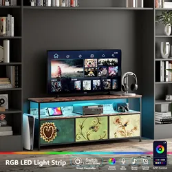 LED TV 스탠드, 캐비닛, 서랍 및 선반이 있는 TV 스탠드, RGB LED 조명, 거실 색상 조절 가능, 137x30x57cm