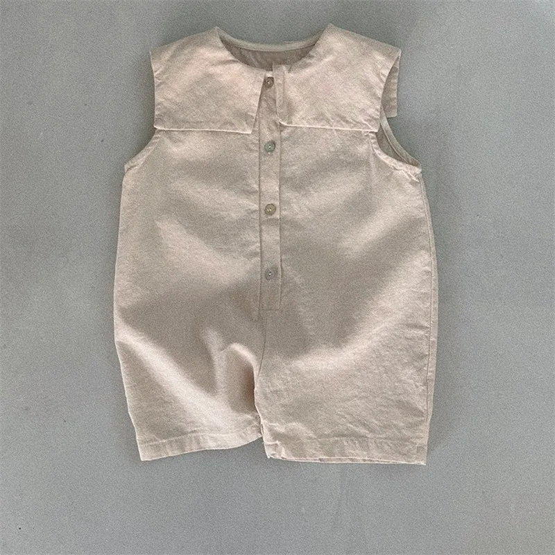 2024 Summer New Baby Sleeveless Short Jumpsuits Solid Toddler Boy Girl Fashion Casual Overalls Cotton Large Lapel Kids Clothes