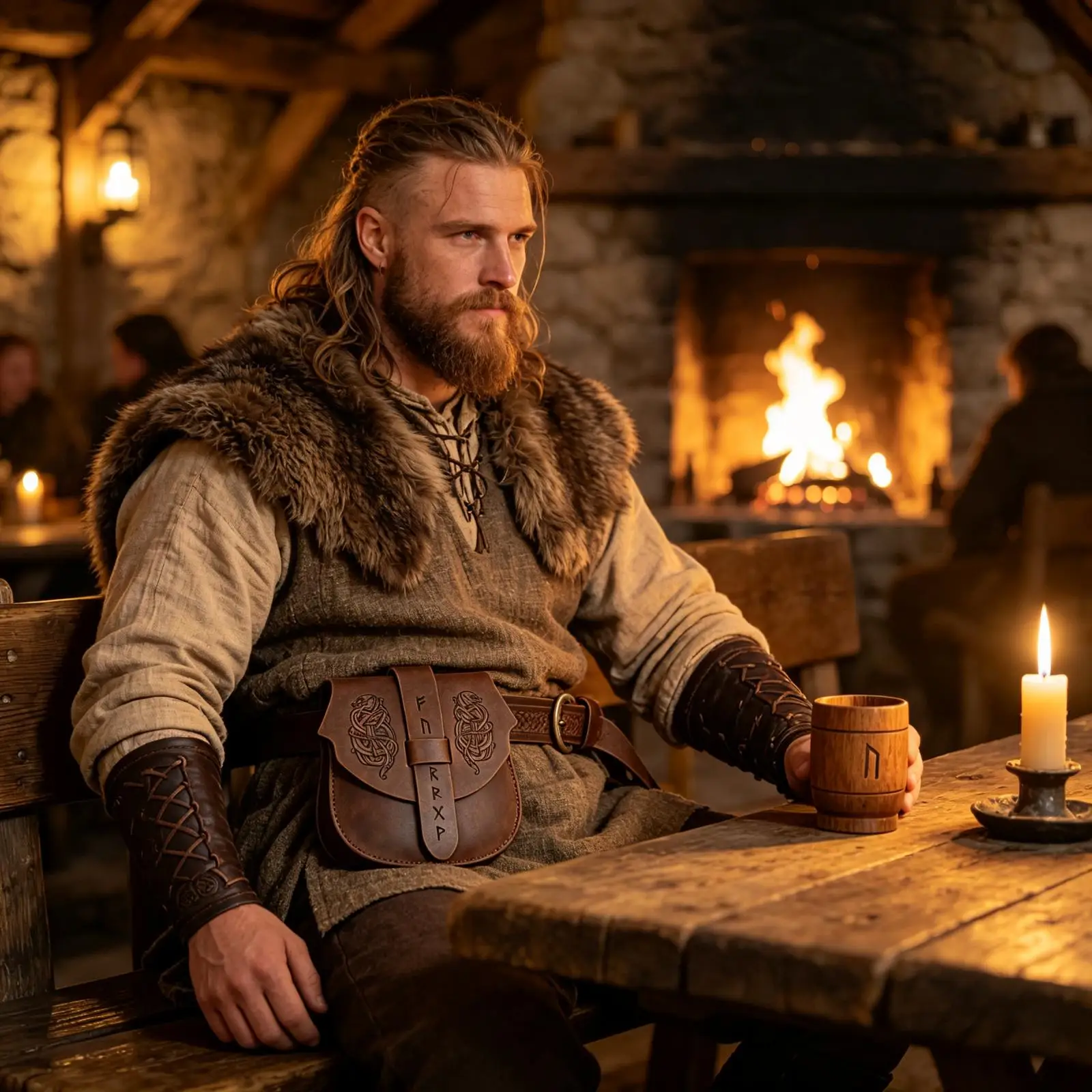 Viking Leather Belt Pouch, Medieval Retro Hip Bag with Norse Rune Carving for LARP Cosplay Renaissance Costume - view 5
