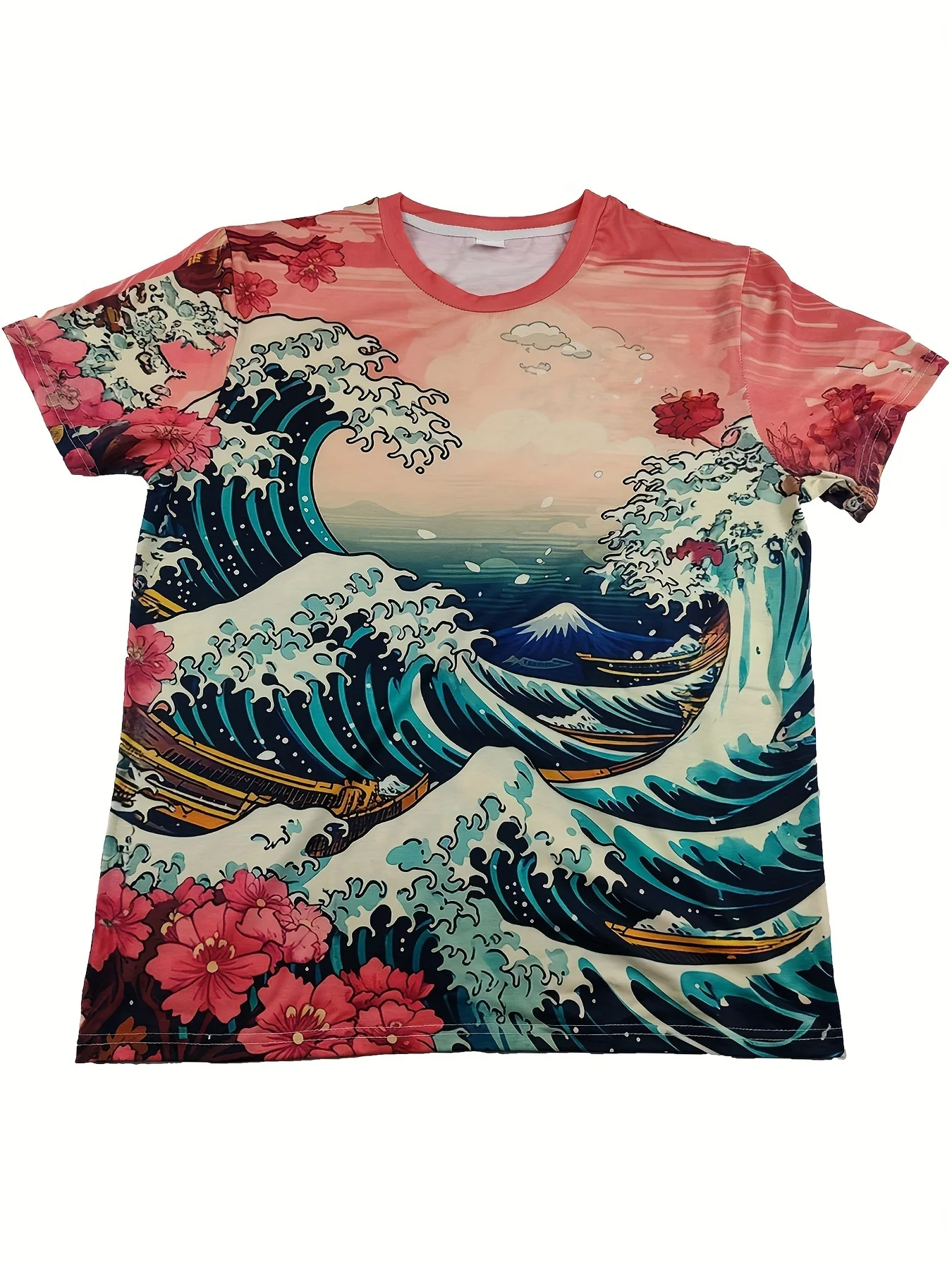 

Men and Boy's Summer Thin Fashion 100-6XL Size Japanese Ukiyo-e Kanagawa Surf and Cherry Blossoms Pattern Printing 3D T-shirts