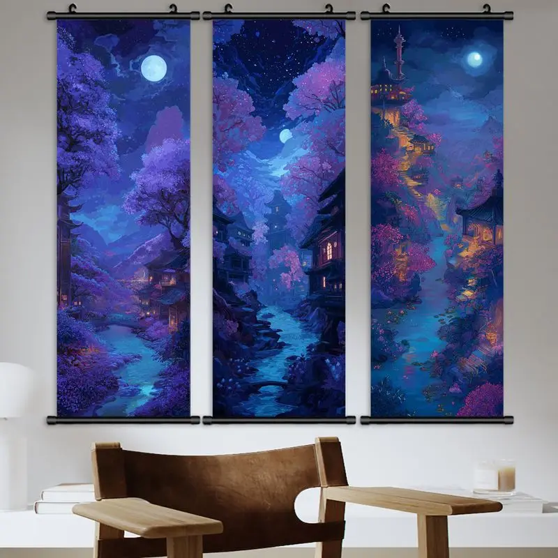 VIKAMA Anime Nightscape Scroll Tapestry, Vertical Wall Hanging with Cherry Blossom and Starry Sky, Japanese Aesthetic Home Decor