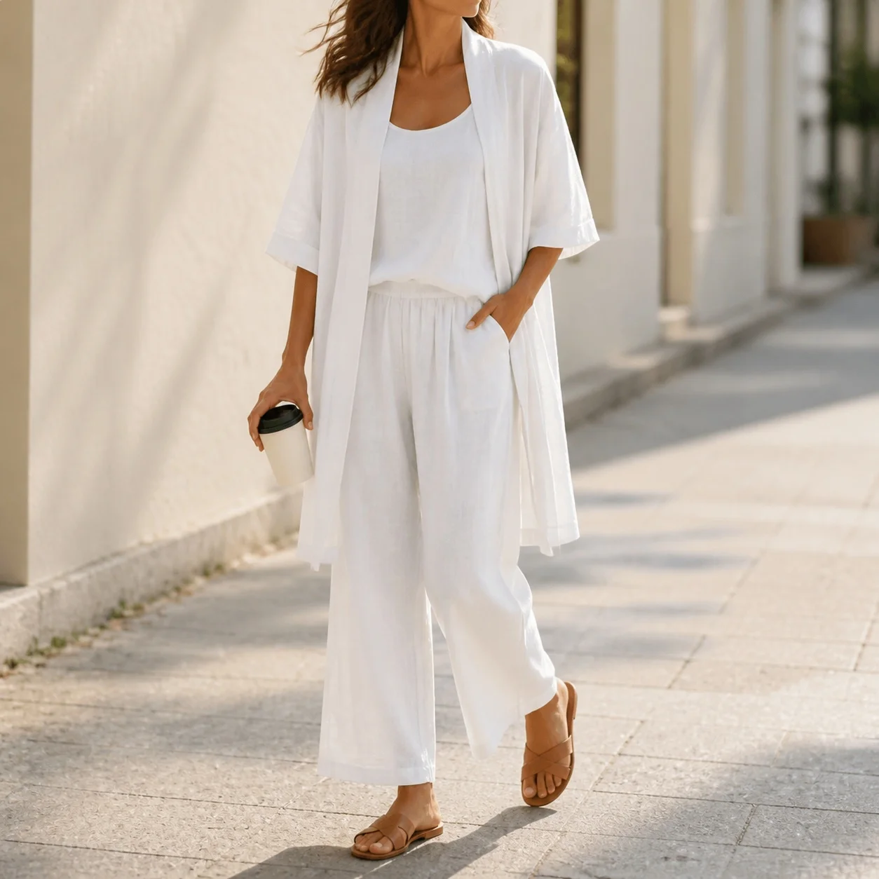 Women's Spring Elegant Solid Color Three Quarter Sleeve Asymmetrical Cotton Casual Pants 2-Piece Matching Set for Women Summer