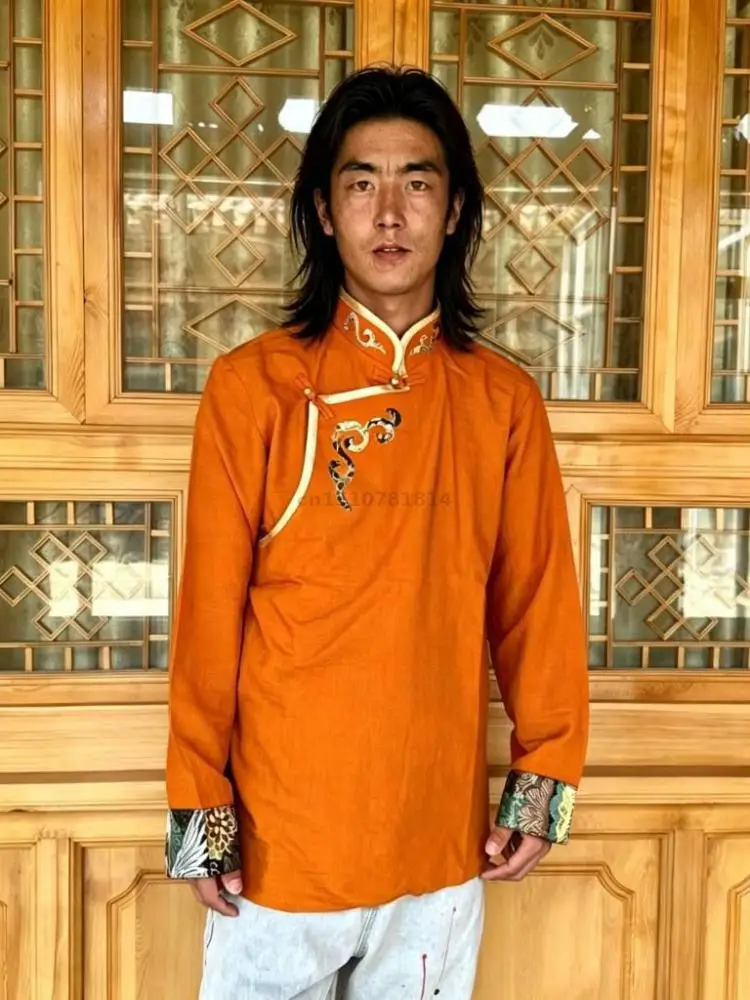 Men Tibetan Traditional Shirt Gold Embroidery Stand Collar Slanted Placket Frog Button Brocade Cuff Cotton Linen Wine Red Black