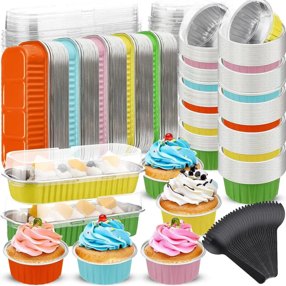 

6.8 oz Rectangular Aluminum Mini Loaf Pans with Lids and Spoons, Perfect for Bread and Desserts