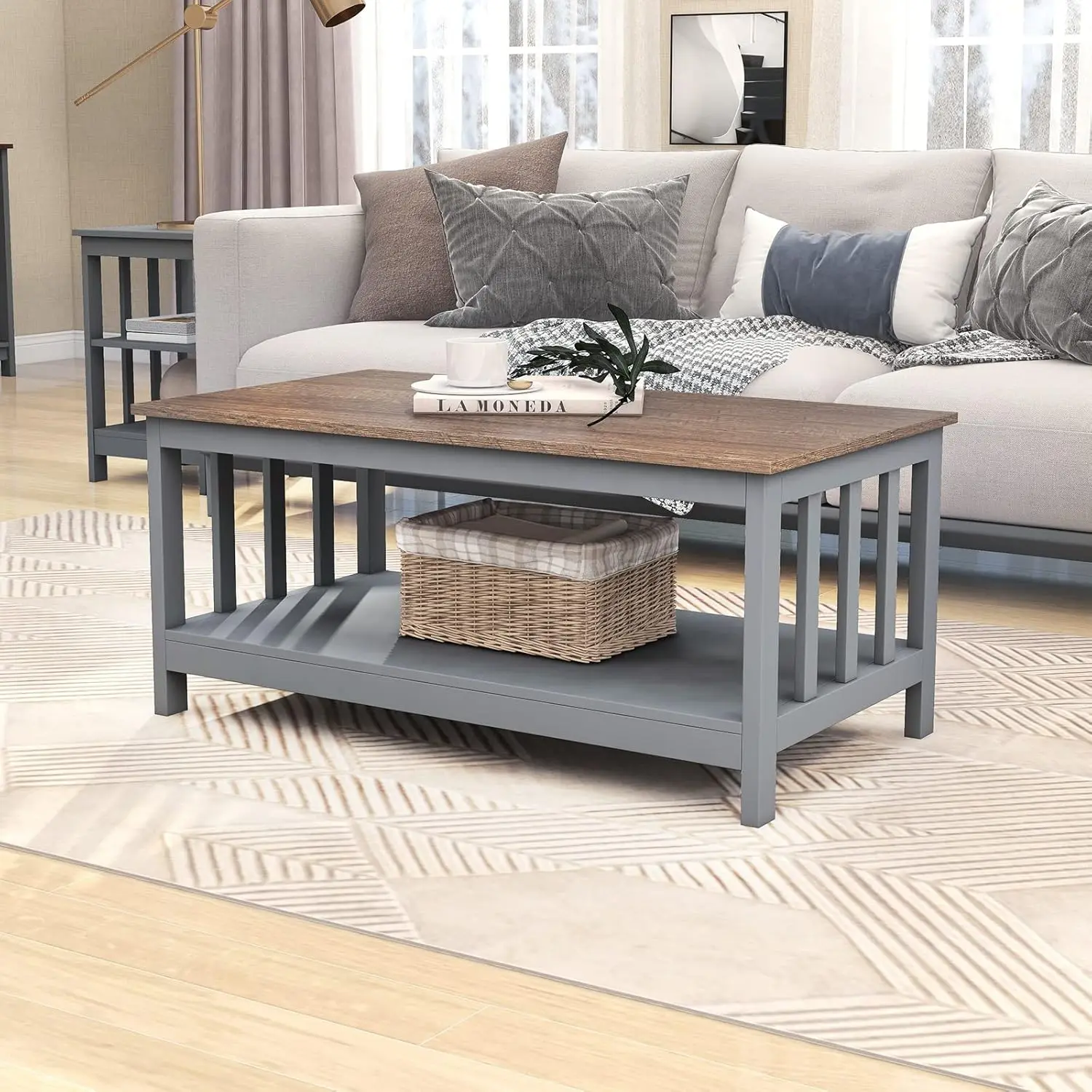 ChooChoo Coffee Table for Living Room, Grey Coffee Table with Shelf, 40 Inch