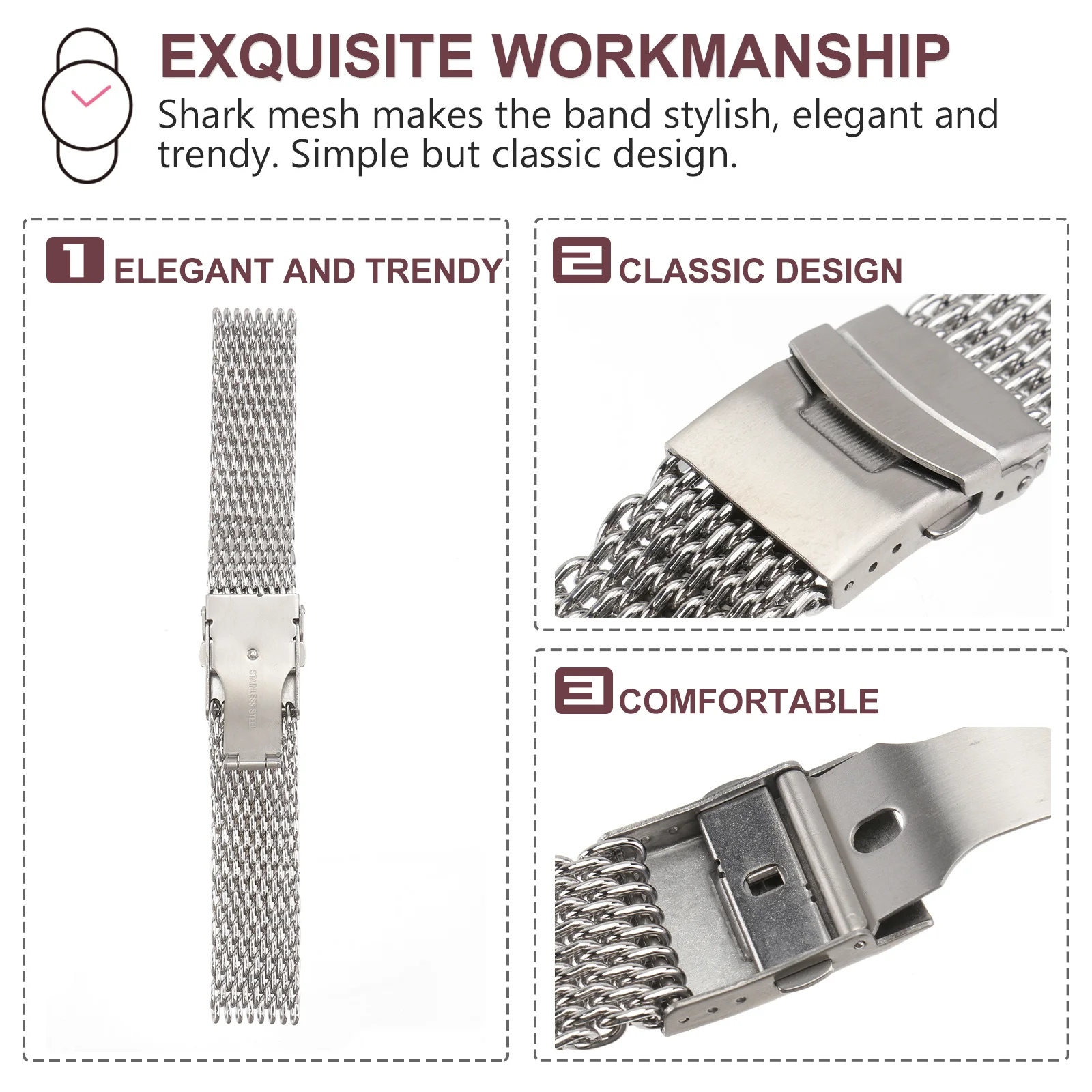 

Shark Mesh Stainless Steel Metal Watchband Silver Folding Clasp Classic Comfortable Durable for Business Sports Daily