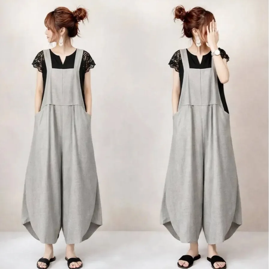 Elegant High Waist  Pants with Shoulder Straps Loose Fit Women's Summer 2026 Fashion Wide Leg Jumpsuit Casual Polyester