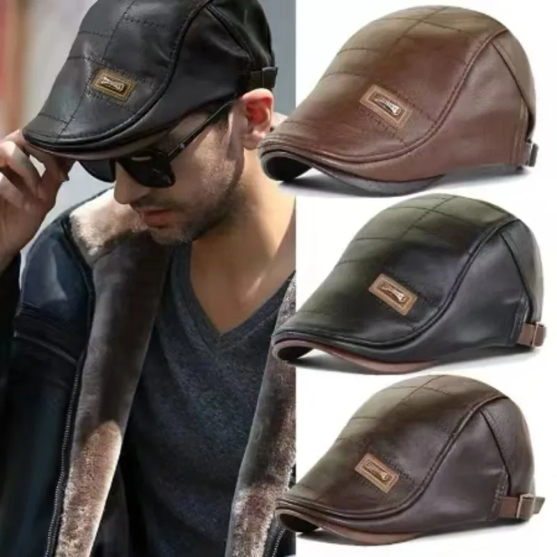 Fashion Brand Peaked Cap Men Classic PU Leather Hat Gents Velvet Thermal Beret Male Winter Autumn Outdoor Warm Forward Hat