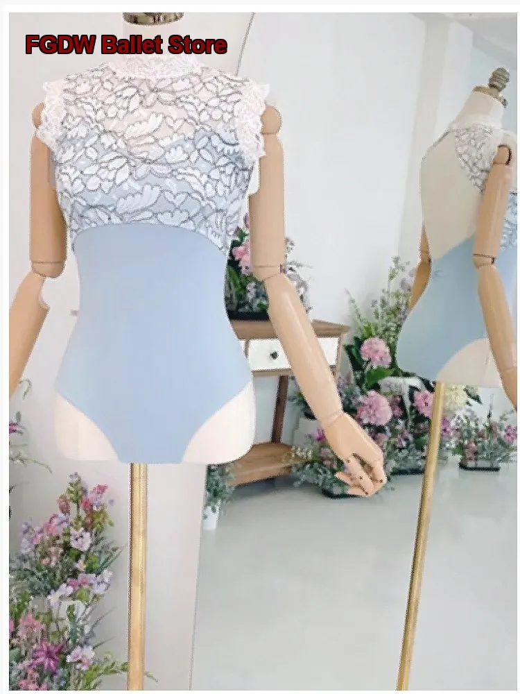 Lace Patchwork Gymnastics Leotard Body Suit Practice Cute Top Fitted Ice Silk Basic Training Costume