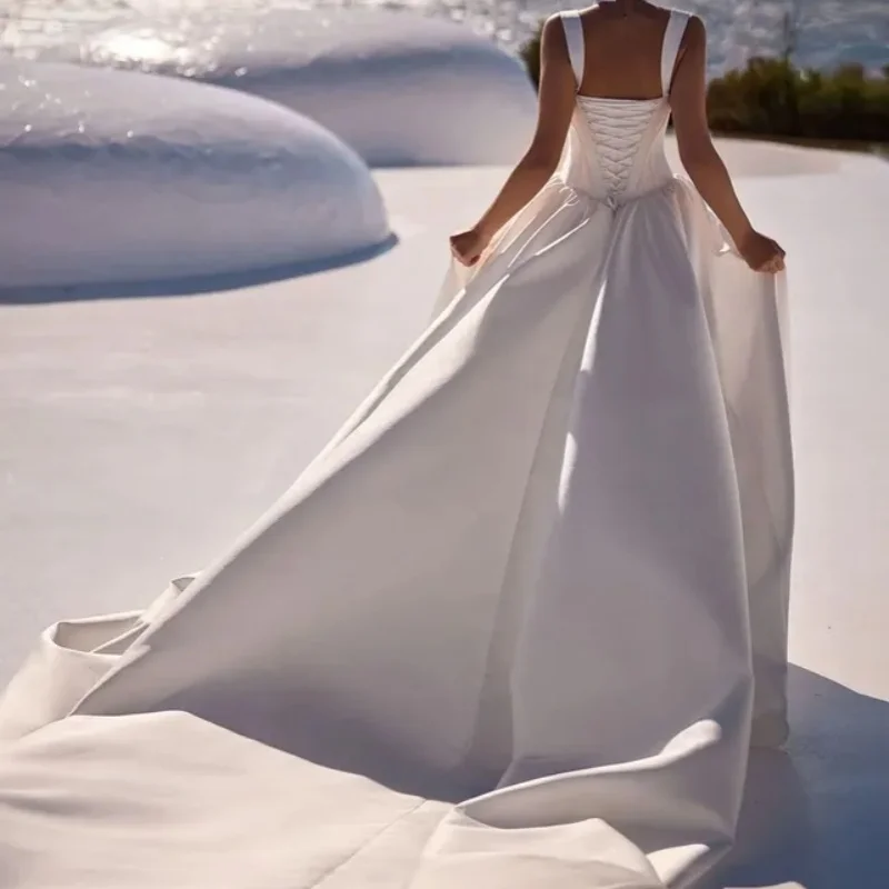 Satin White Appliques Wedding Dresses off-shoulder A skirt decal Long tail Bridal Gowns Made Customized