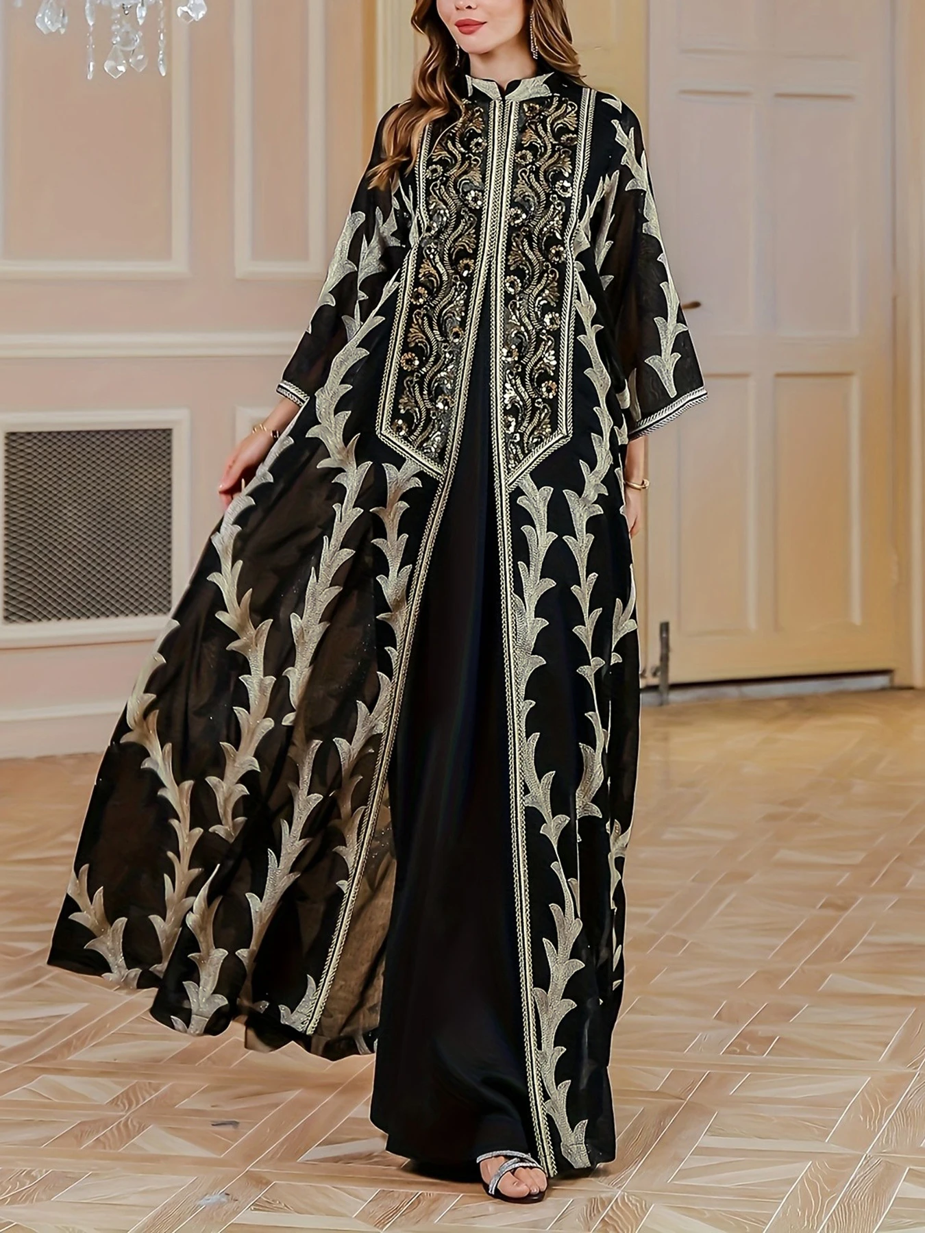 رداء أسود أنيق جديد من الشرق الأوسط مقاس كبير ومطرز بالترتر الراقي، فضفاض ومريح للتنقل، سترة صوفية إسلامية مكونة من قطعتين، ملابس دبي السعودية التقليدية، فستان كارديجان أنيق بأكمام طويلة