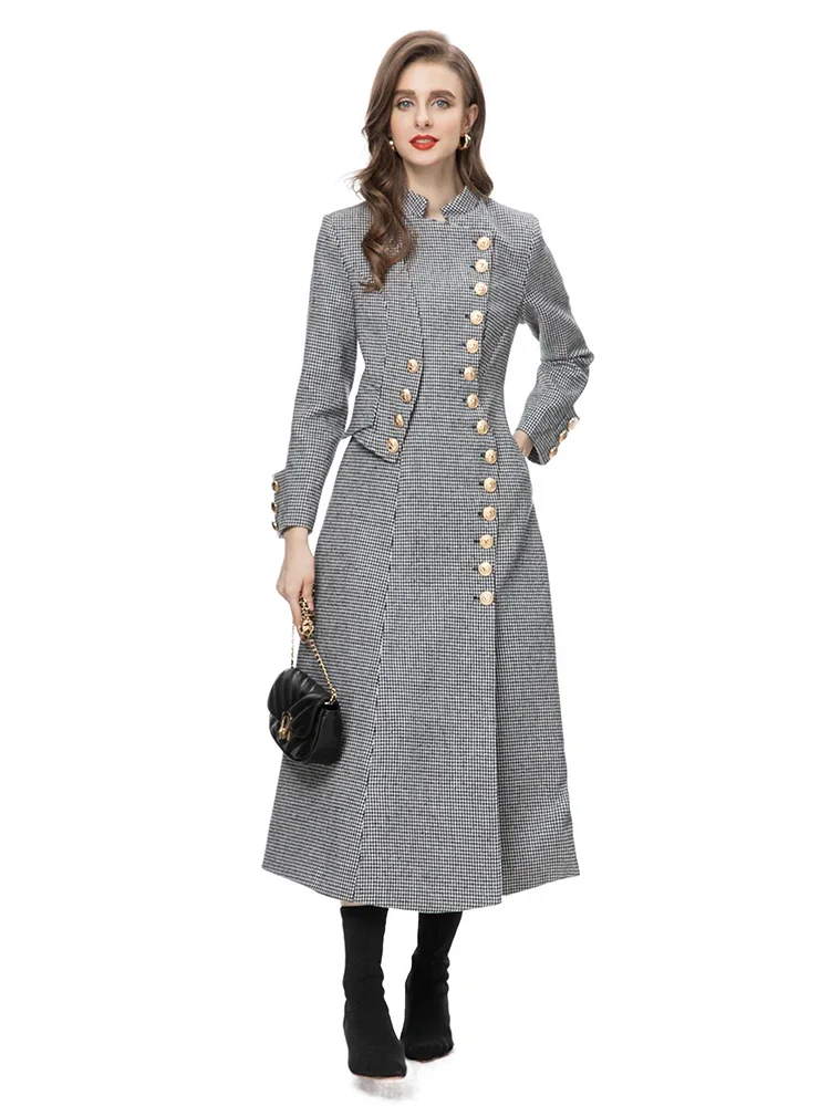 2024 Fashion topcoat Winter Vintage Thousand Bird Lattice Long Style Trench Coats Women's Stand Collar Long Sleeve Outerwear