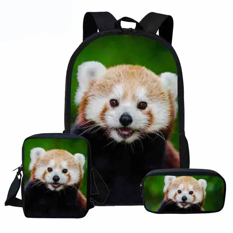 Ransel sekolah anak laki-laki dan perempuan, tas punggung sehari-hari motif Panda merah lucu 3D untuk anak laki-laki dan perempuan 3 buah Set