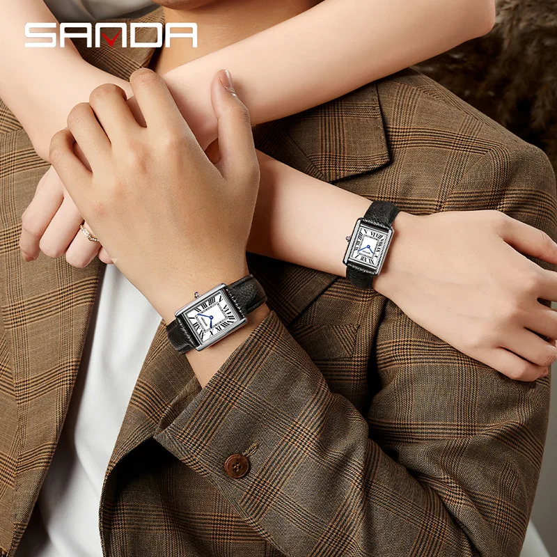 Sanda-minireloj de cuarzo para hombre y mujer, cronógrafo informal de lujo, resistente al agua, con esfera cuadrada de cuero, 1108