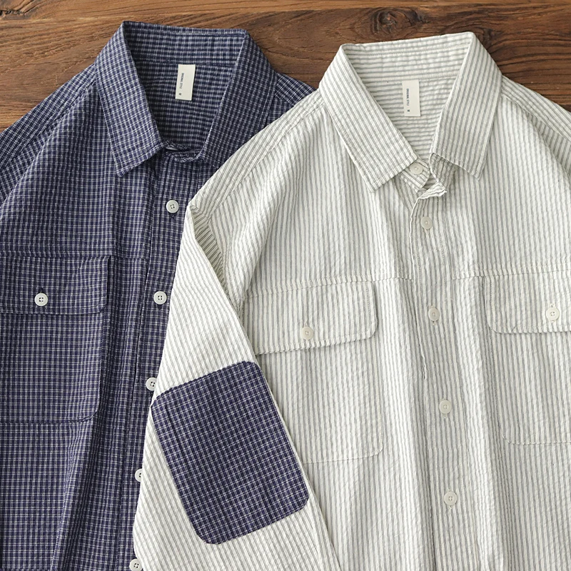 

Мужская рубашка в японском ретро-стиле, свободного кроя, из чистого хлопка, для весны и осени, повседневная, в клетку, с полосками, дышащая