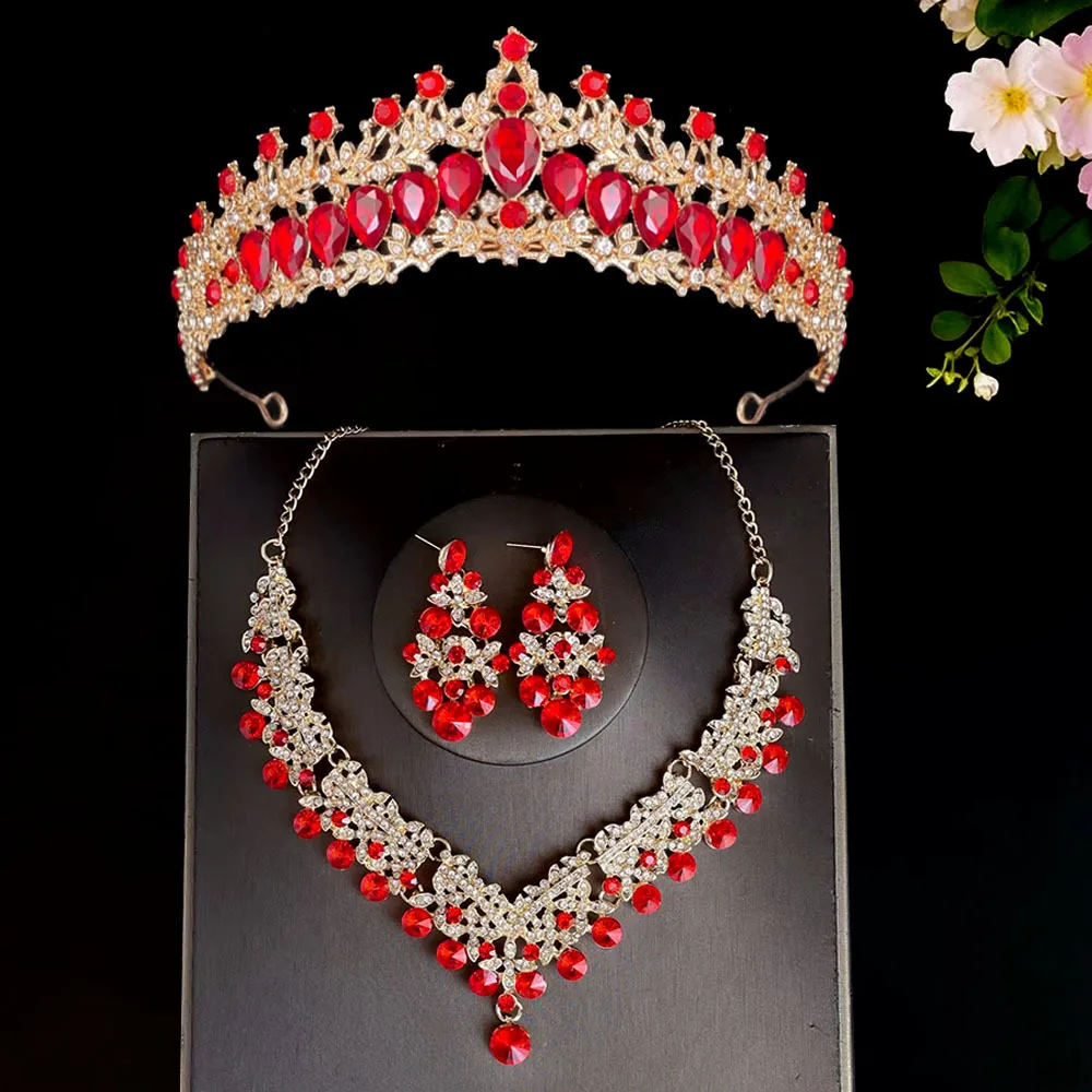 

3 Pieces Crown+Necklace+Earrings Set Headpieces Tiaras Wedding Rhinestone Crystal Bridal Jewelry Sets for Women Bride