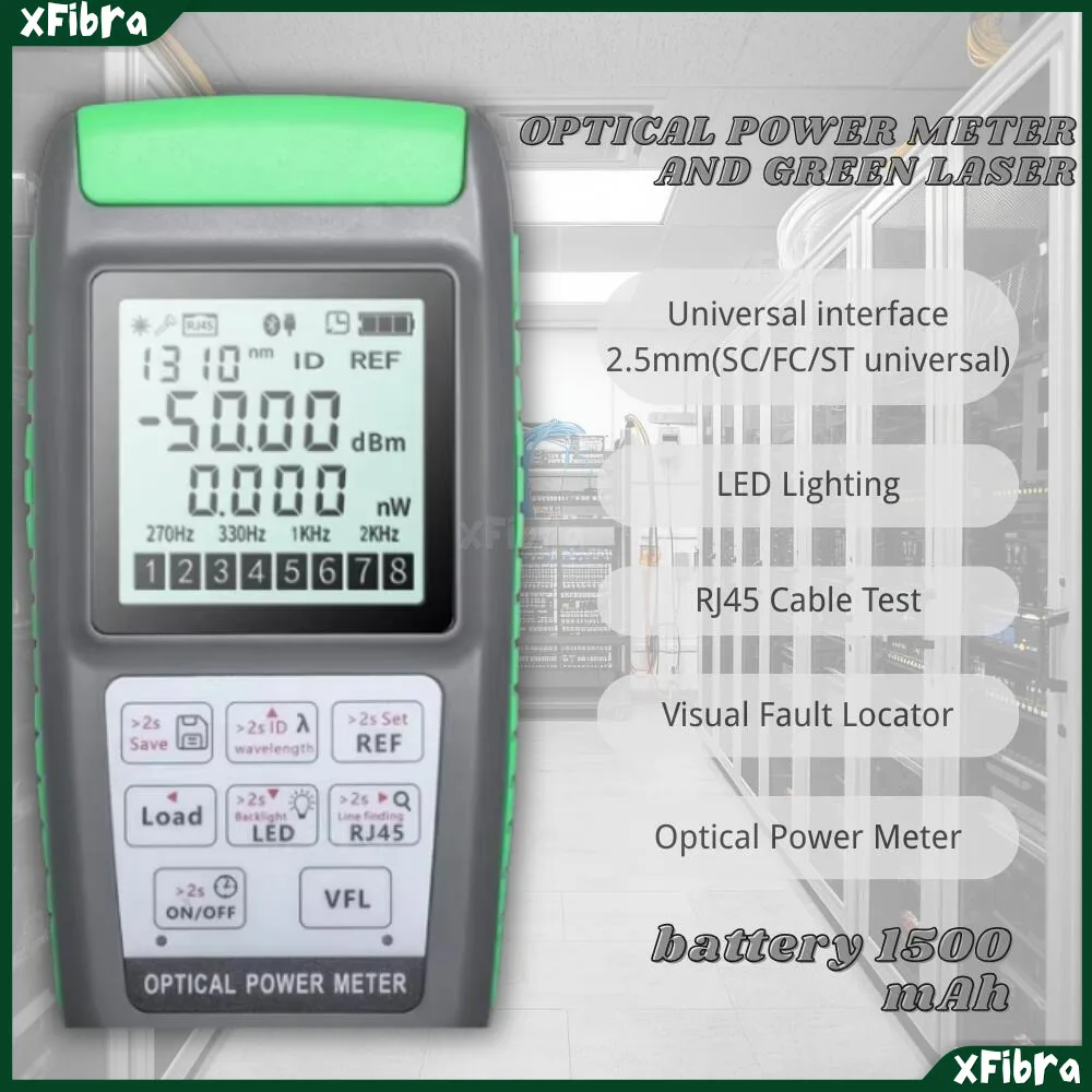 

4-in-1 Optical Power Meter Visual Fault Locator Cable Tester Green Light VFL 10mW/20mW Rechargeable Battery