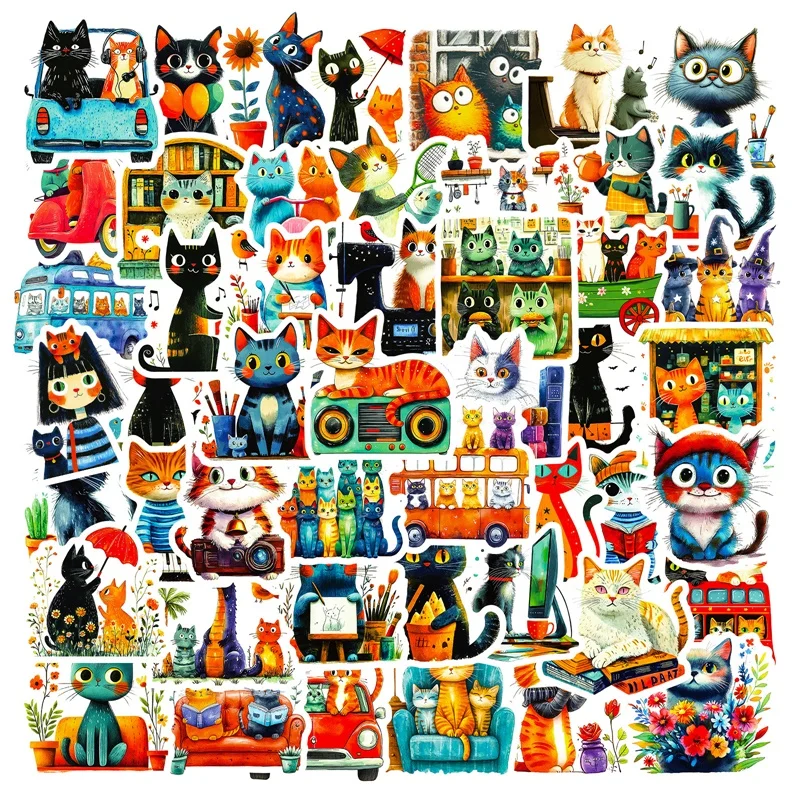 

10/30/56PCS Cartoon Artistic Cat PVC Sticker Aesthetic Colored Decoration Scrapbooking Supplies DIY Hand Accounting for Kids