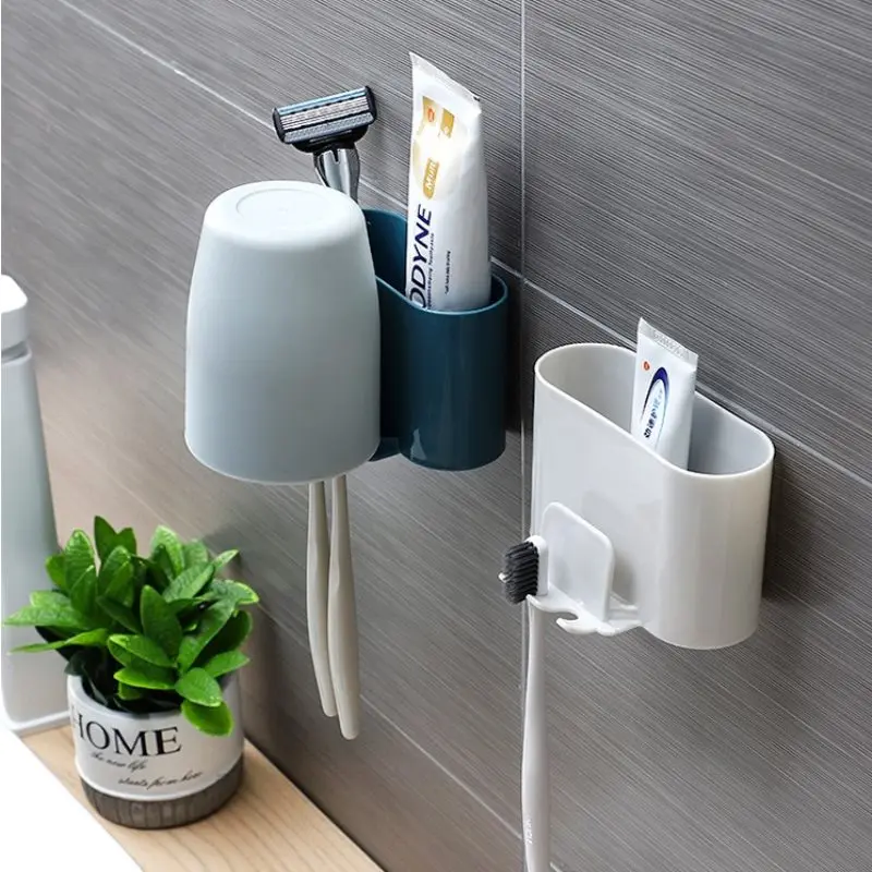 Toothbrush Holder Punch-free Wall-mounted Toothbrush Holder Shaver Toothpaste Mouthwash Cup Storage Rack Bathroom Accessories