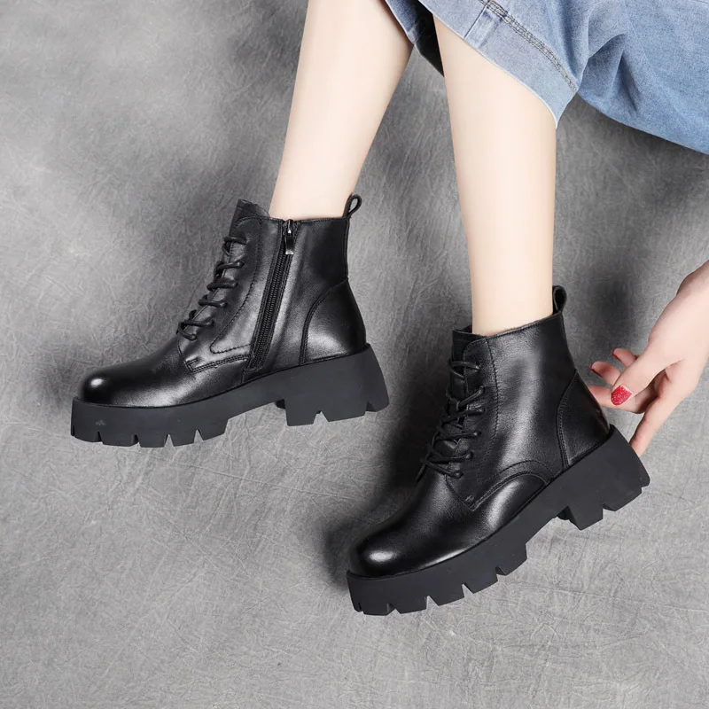 Clearance Special Offer  Chunky Heel Martin  First Layer Cowhide round Head Leisure  Booties Single  Female Factory Direct