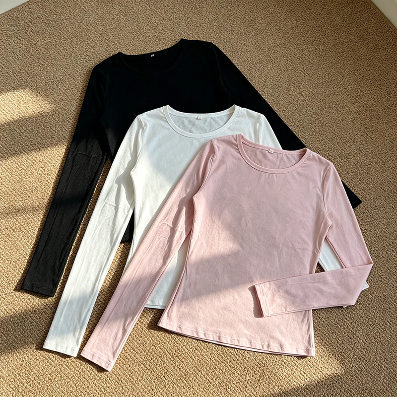 Summer Solid Color Slim Fit O-Neck Long Sleeve T-Shirt Casual Versatile Lightweight Breathable Top Waist Cinching Basic Style