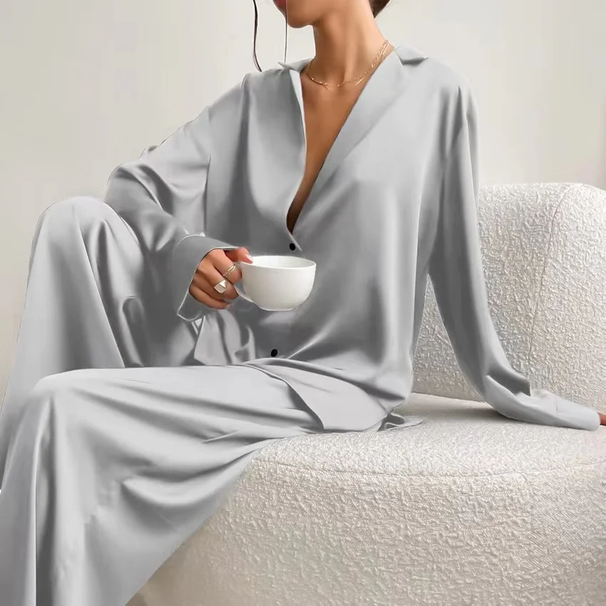 Women Silk Pajamas Lce Silk Loose Low Cut Sexy Single Breasted Long Sleeved Wide Leg Pants Can Be Worn Externally