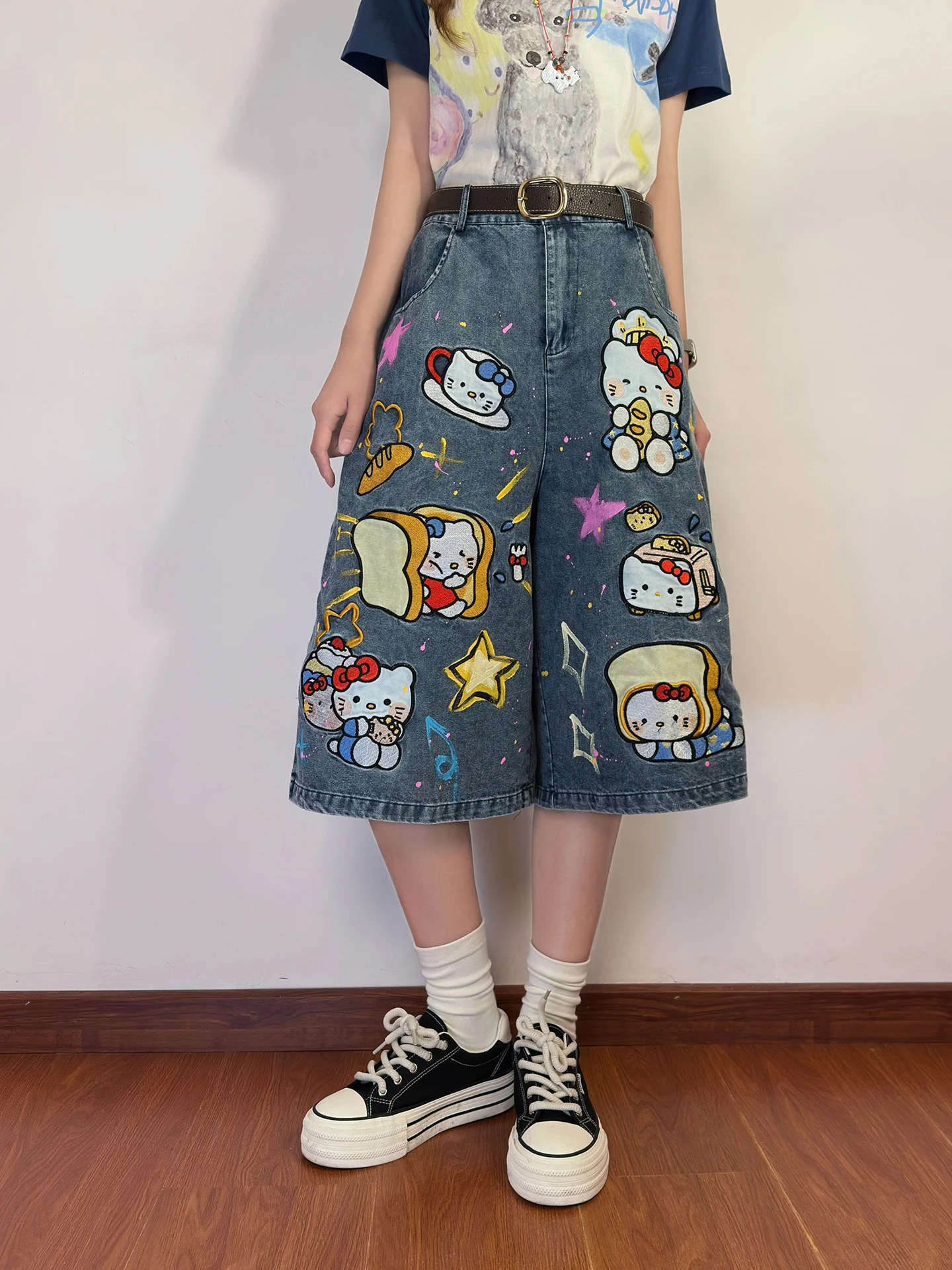 

SOLDOUT Original Cartoon KT Embroidered Jeans Loose Wide Leg ort Pants Summer Thin Lightweight Casual Women's Jeans