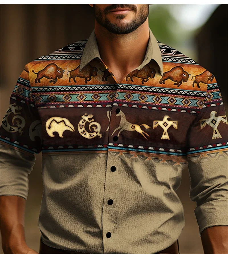 2027 Vintage Men's Shirt Ethnic Wear Western Shirt Tribal Pattern Retro Black Gray Soft Comfort Soft Clothing New Plus Size