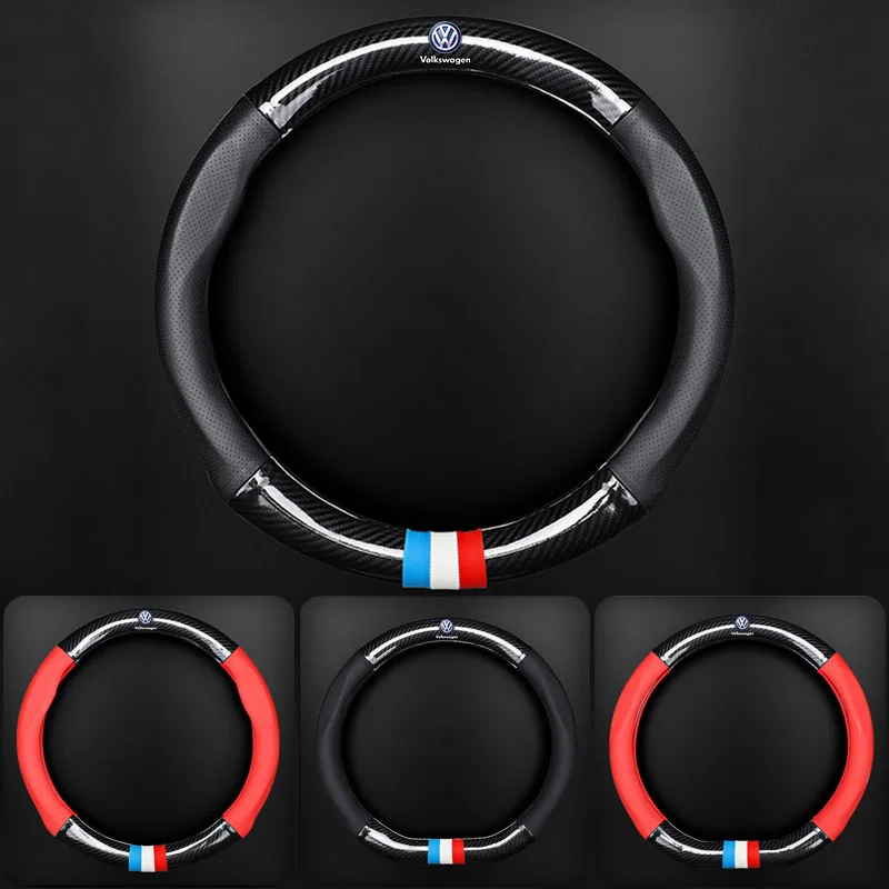 1 unidad de funda de cuero y fibra de carbono para volante de coche con emblema para VW B7 B6 B5 Golf 4 5 6 Polo Passat CC Jetta Mk6 Tiguan Gol Cross
