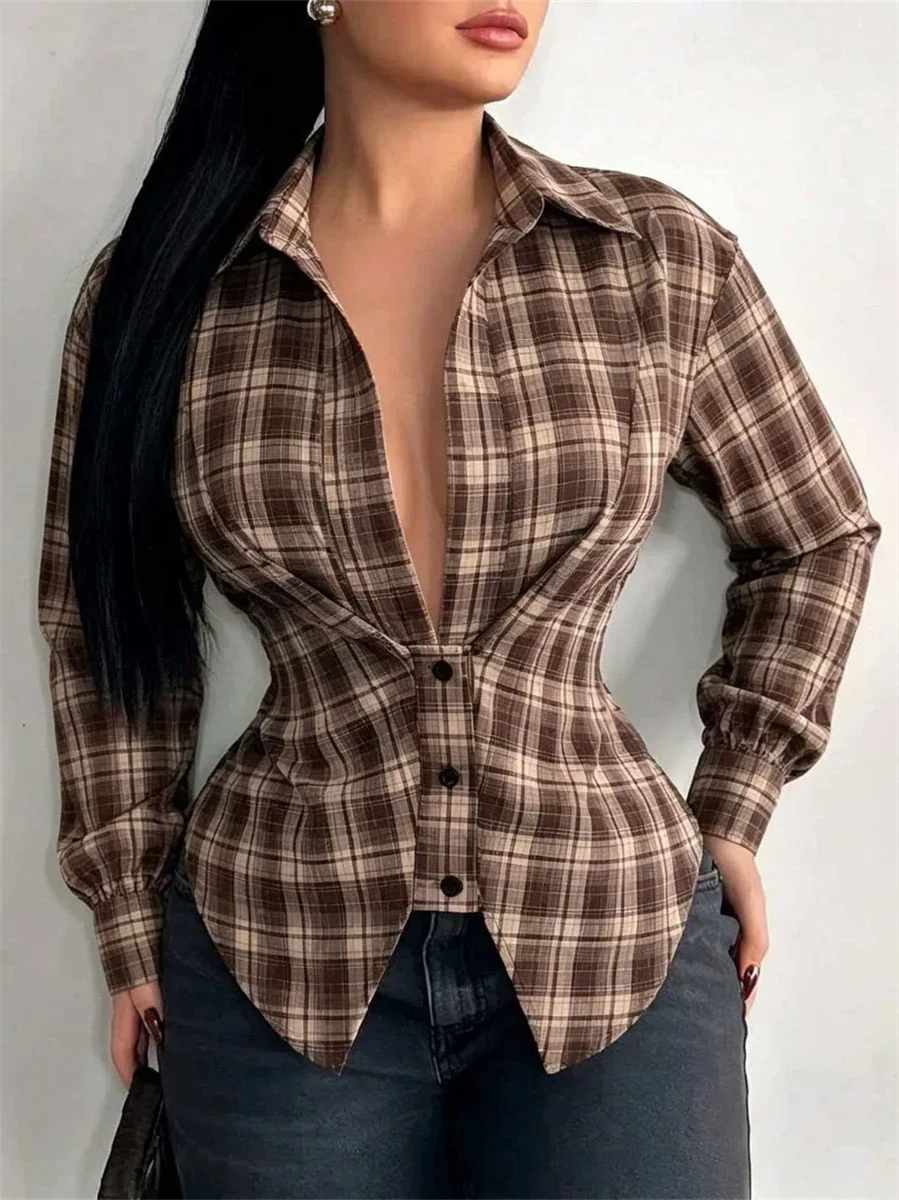 Weird Puss Plaid Print Tops Women Autumn Trend Deep V-Neck Single-Breasted Irregular Hem Fashion Hottie Street Club Crop Tess