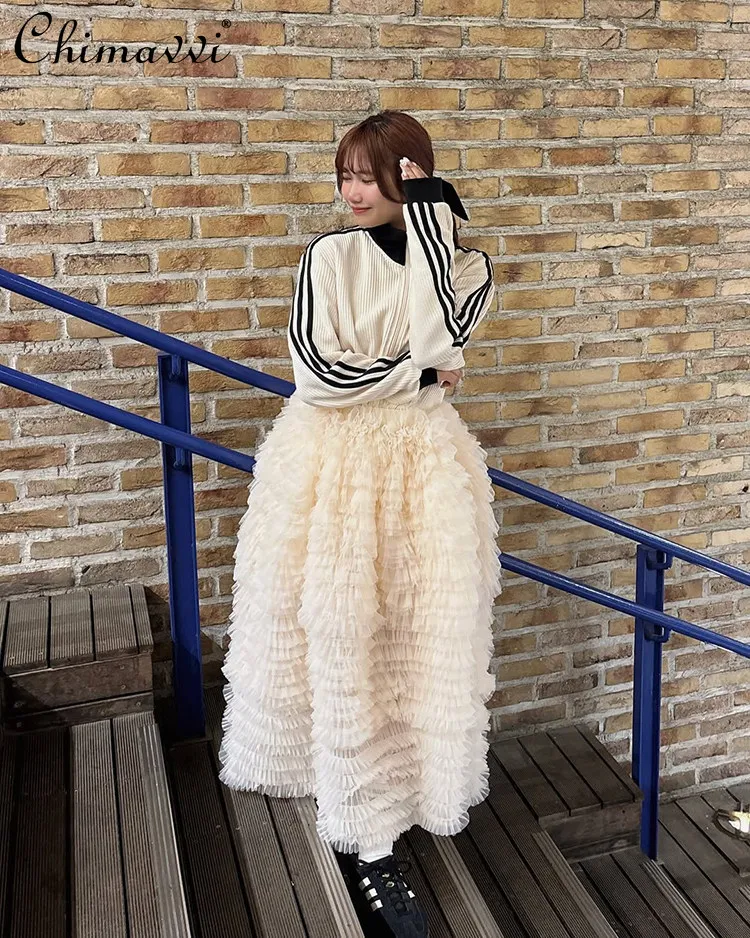 

Тяжелая японская многослойная юбка-сетка с эластичным поясом, пышная, сказочная, для вечеринок, в стиле «торт», средней длины