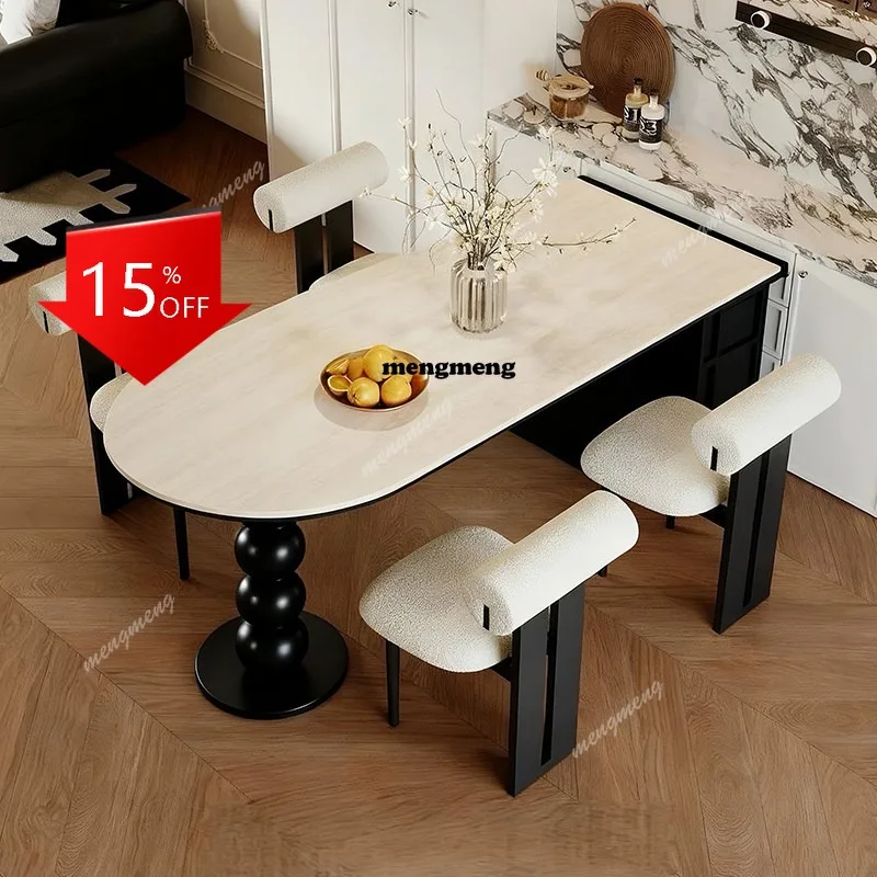

01A Travertine rock slab dining table medium antique small apartment oval foldable solid wood dining table