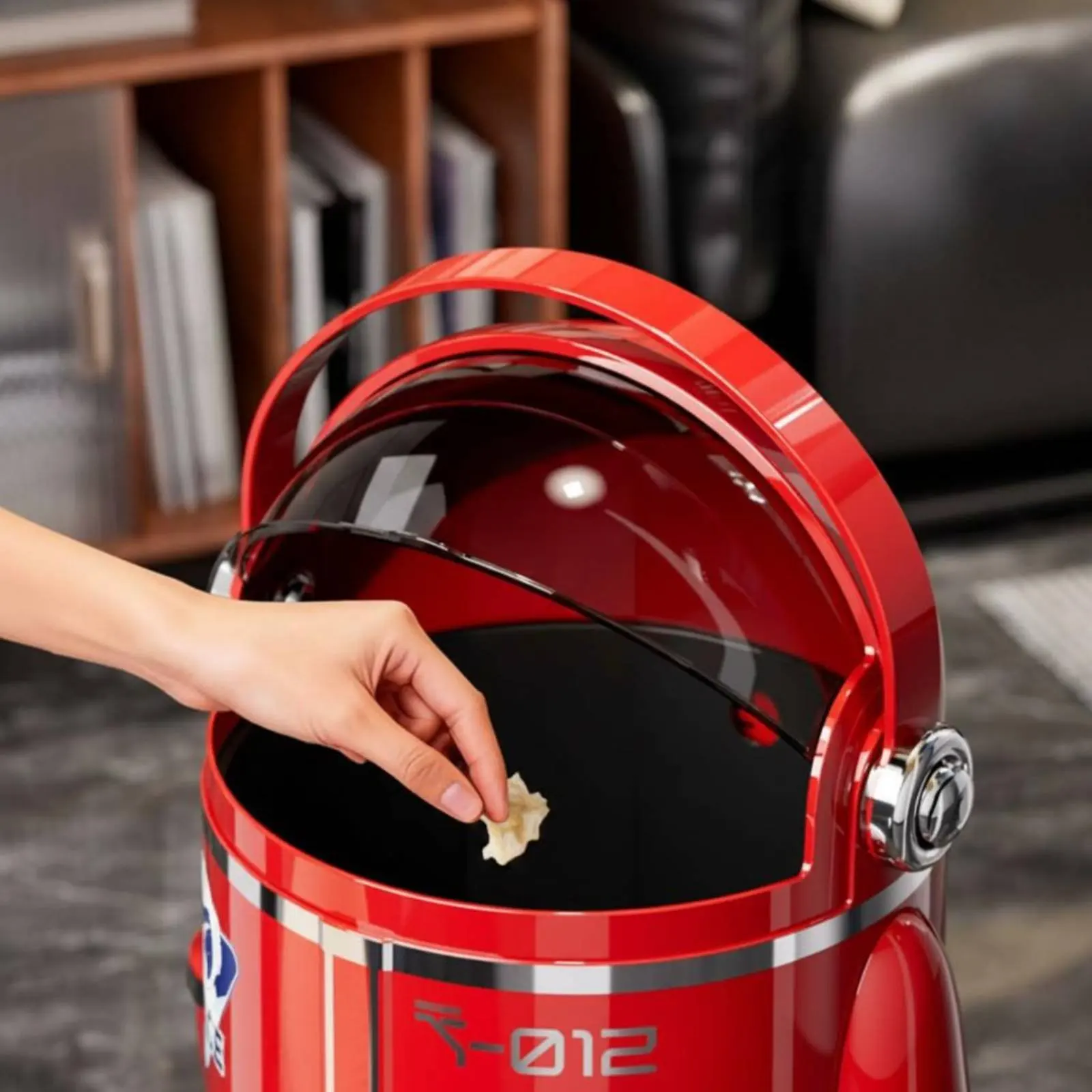 

Decorative Trash Can with Lid Odor Resistant Astronaut Trash Can Robot Waste Container Double Compartment Household Storage