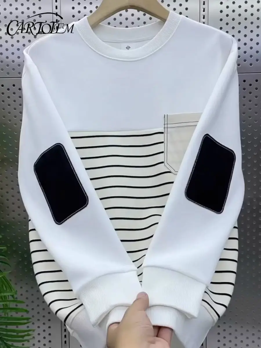 

Spring Men Stripe Sweater Fashion Patchwork Round Neck 2024 New Street Casual Trend Loose Long Sleeves Affordable T-shirt
