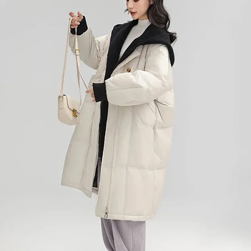 

Winter Female Clothing Down Jacket Thick Women's Loose Long Outdoor Casual Warm Fashion Splicing Hooded Down Coats