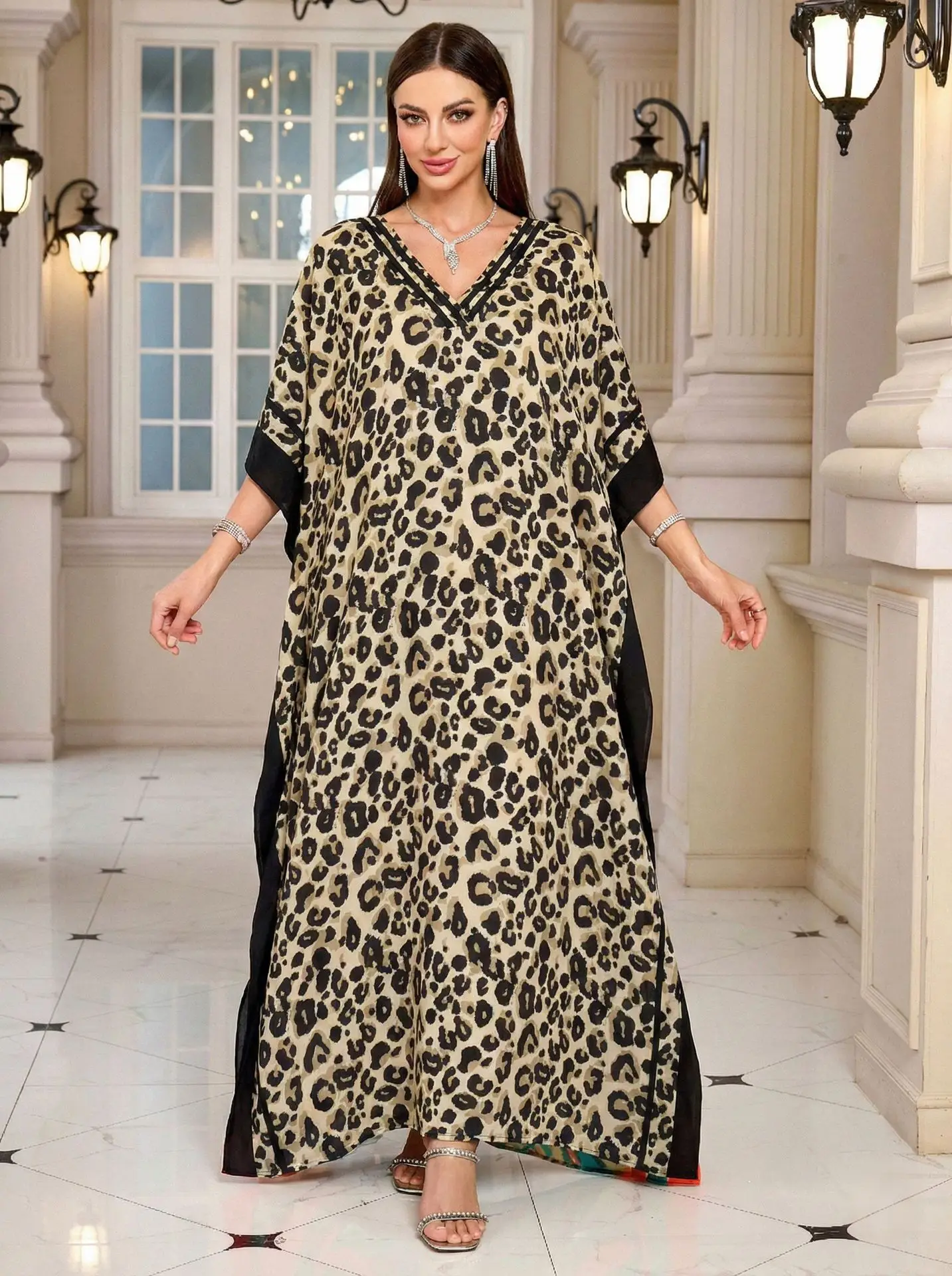 Beach Kaftans for Women Leopard Allover Printed Plus Size Summer Dresses Holiday Cover Ups for Swimwear 42 Colors Factory Supply view 4