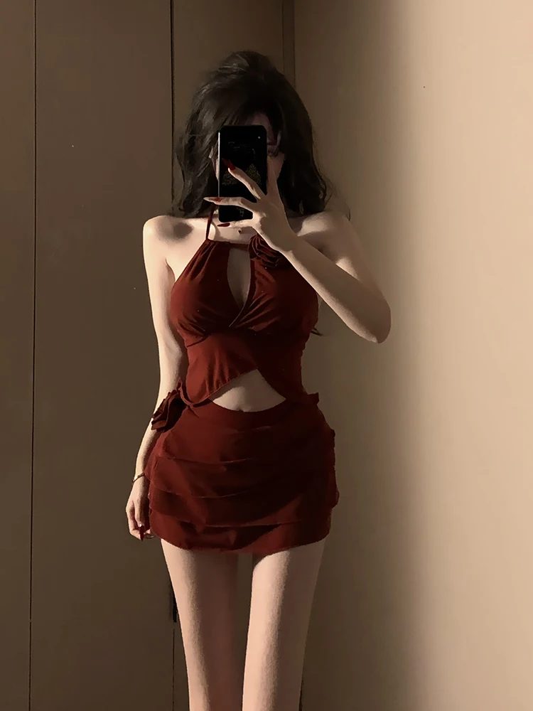 

Red Bikini Swimwear Women's Pure Desire High-End Feeling Hanging Ne Flower Slim Small Chest Island Vaion MimiMirth Brand