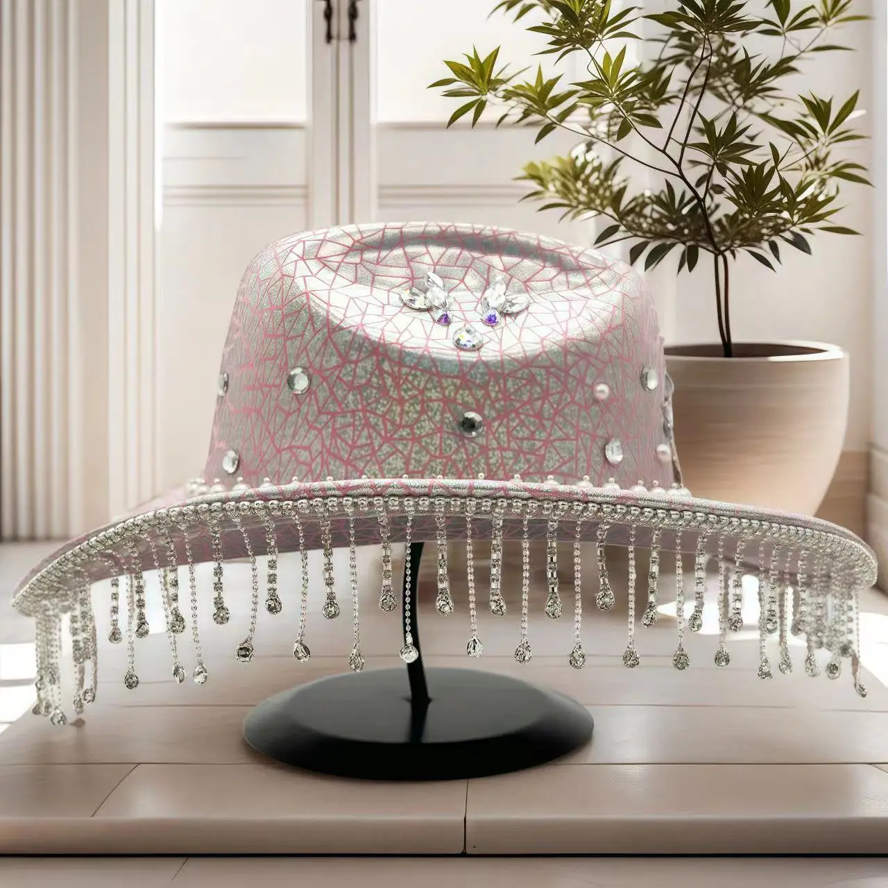 HongLuan Brokatowy Kapelusz Kostiumowy dla Dorosłych i Kapelusze Kowbojskie z Cyrkoniami dla Kobiet, Akcesoria do Cosplay Kowbojki i Kapelusz Kowbojski