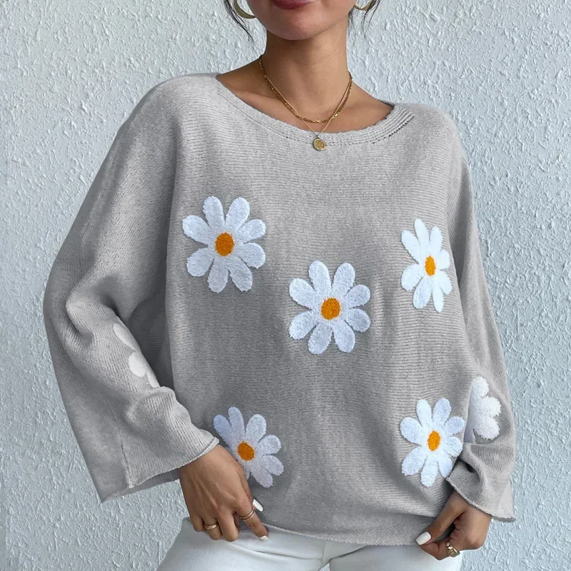 

2024 New Embroidered One Shoulder Hoodie Sweater Sweet Flower Loose Knitted Top