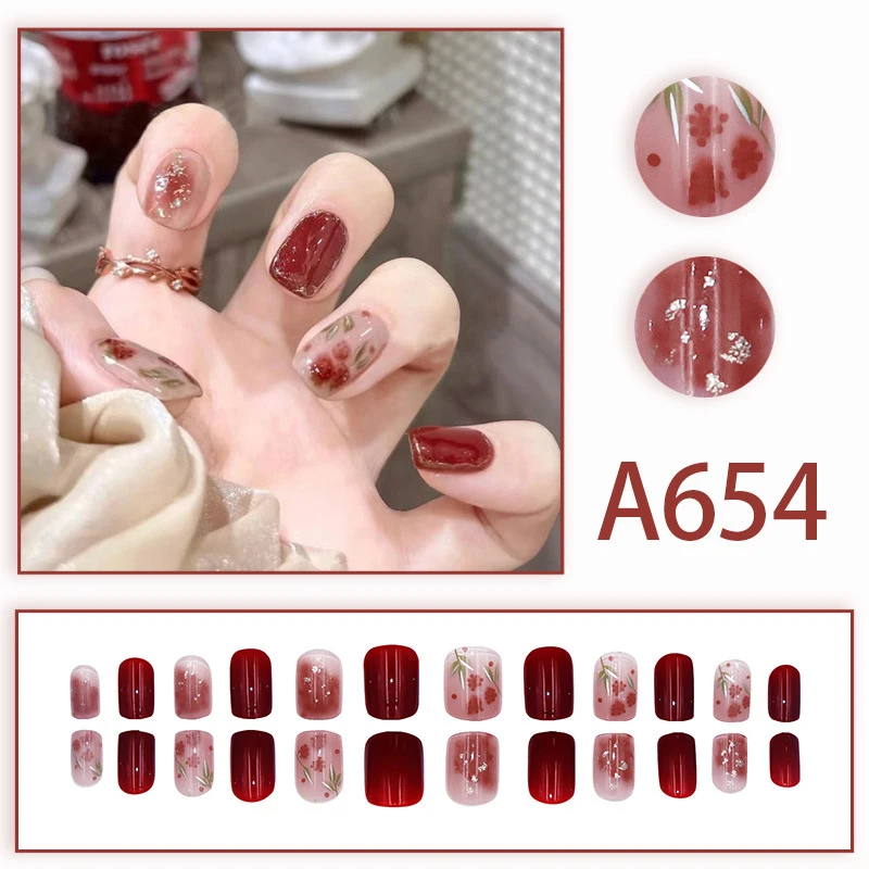 

24Pcs Rose Glitter Short Square False Nails With Jelly Adhesive Detachable Fake Fingernails Full Cover Press On Artificial Nails